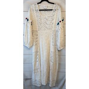 MISA Los Angeles White Eyelet Lace Pom Pom Balloon Sleeve Maxi Dress Medium